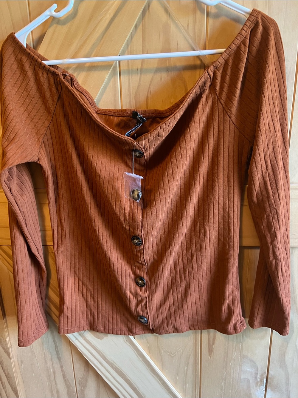 Rue21 Rust Brown Ribbed Faux Button-Front Off The Shoulder Long Sleeve Top XL - Picture 2 of 5